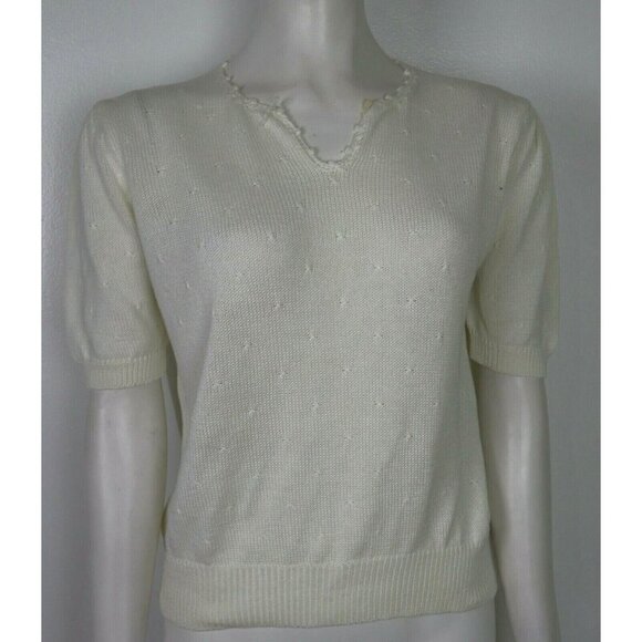 VINTAGE WOMEN'S IVORY WHITE SHORT SLEEVE SWEATER - WEATHERVANE - SIZE L - Picture 1 of 7